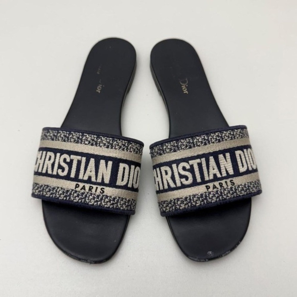 Christian Dior Dway slides with white and navy blue embroidered Size 38.5